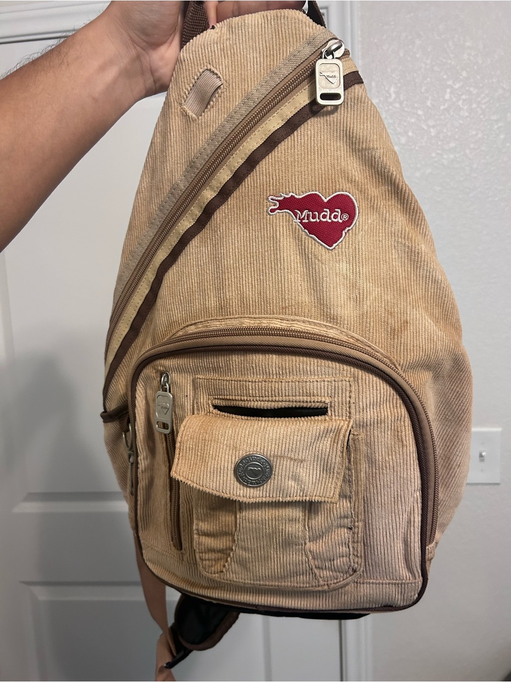 Vintage Y2K MUDD Spell Out Sling Backpack Book Bag Streetwear Corduroy Tan Brown